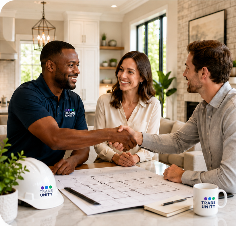 A Trade Unity representative meeting with a family at a home project table.